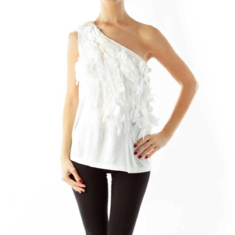 Alice + Olivia White Fringe One Shoulder Blouse